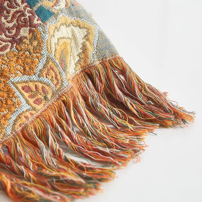 Boho Throw Blanket for Couch Sofa Bed, 100% Cotton Woven Quilt with Tassel 60”x80”, Super Soft Muslin Blanket with Floral Printed, Decorative Reversible Bed Blanket/Cover for All Seasons