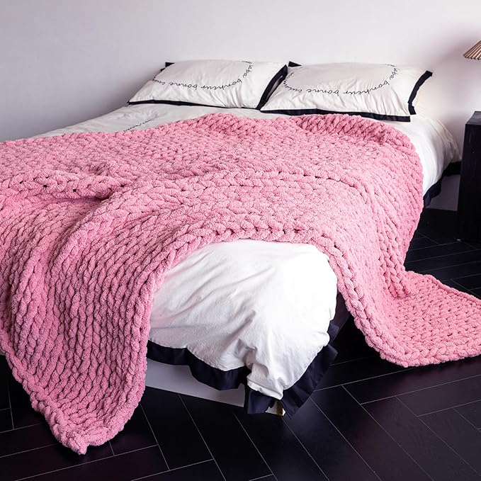 Chunky Knit Blanket - Luxury Soft Cozy 40 * 50 Throw Blanket,100% Woven Blanket Rope Knot Throw Blanket for Couch, Sofa, Home Decor, Gift - Machine Washable(Pink)