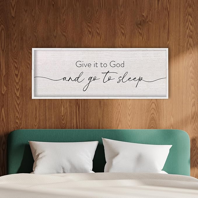 LuZhiQiang Give It To God And Go To Sleep Sign Above Over Bed Wall Decor Art 40"X15" for Master Bedroom Large Wood Framed Hanging (White)
