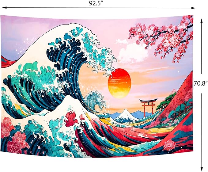 Delur Great Wave Tapestry Japanese Sunset Ocean Sea Wave Off Kanagawa Tapestry Wall Hanging Vintage Asian Anime Cherry Blossom Nature Headboard for Bedroom Living Room Home Decor (70.8" x 92.5")