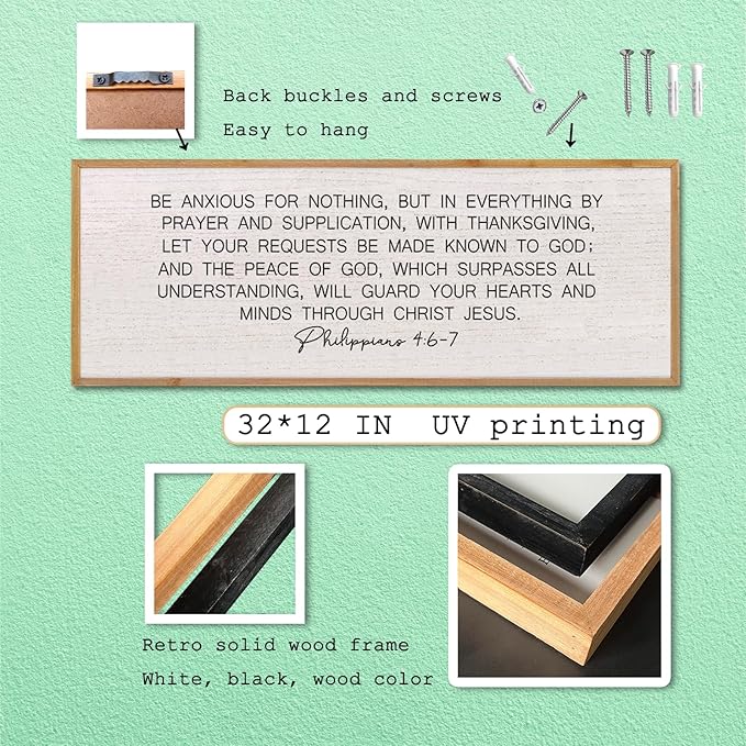 LuZhiQiang Be Anxious for Nothing Wall Decor 32"×12" Philippians 4:6-7 Bible Verse Sign Large Christian Scripture Wood Framed Hanging Decor (Wood)