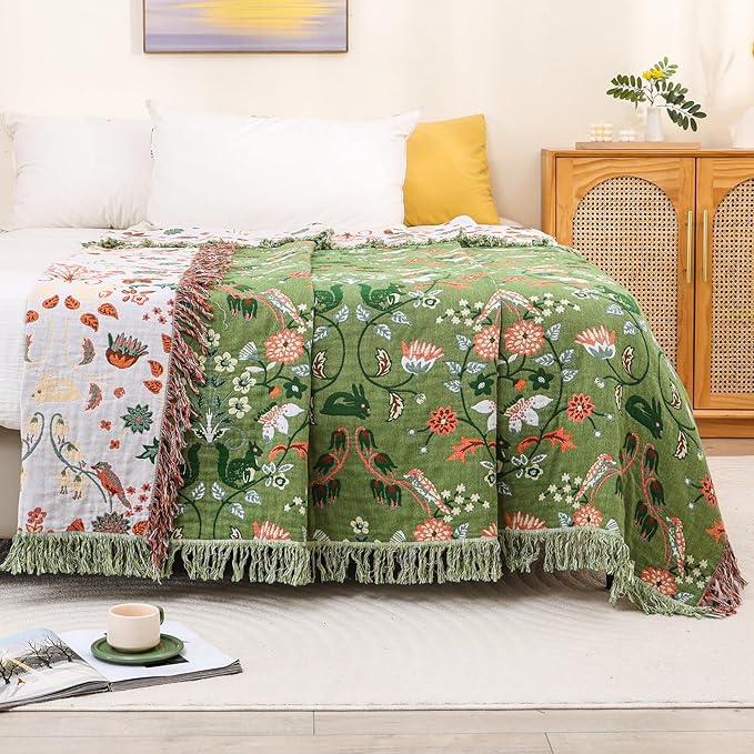 Boho Ultra Soft Throw Blanket 60''x80',100% Cotton Blankets for Couch Bed,Squirrel Farmhouse Home Decor Bed Blankets, All Season Rustic Reversible Bohemian Lightweight Throw for Bed -Light Green 