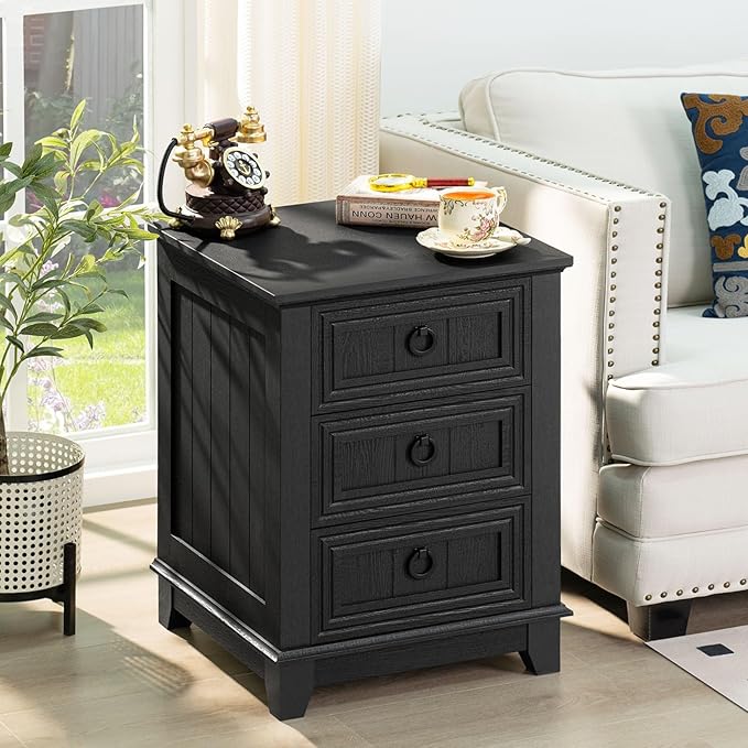 Farmhouse Night Stand Set of 2, 18" End Table with 3 Drawer Metal Handle, Dresser for Bedroom, Sofa Bed Side Table Chest of Drawers,Wood Nightstand Cabinet for Organizer, Living Room-Black