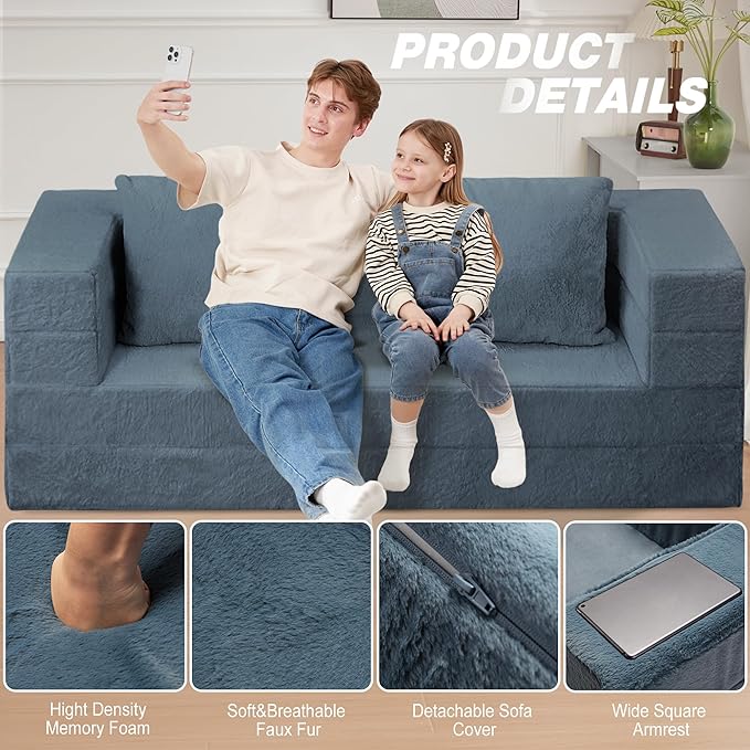 Folding Bean Bag Chair for Adults,3-in-1 Bean Bag Couch Faux Fur Floor Sofa Large Beanbag Convertible Bean Bag Sofa Bed with Pillow in Bedroom,Living Room,Apartment(Queen,Gray)