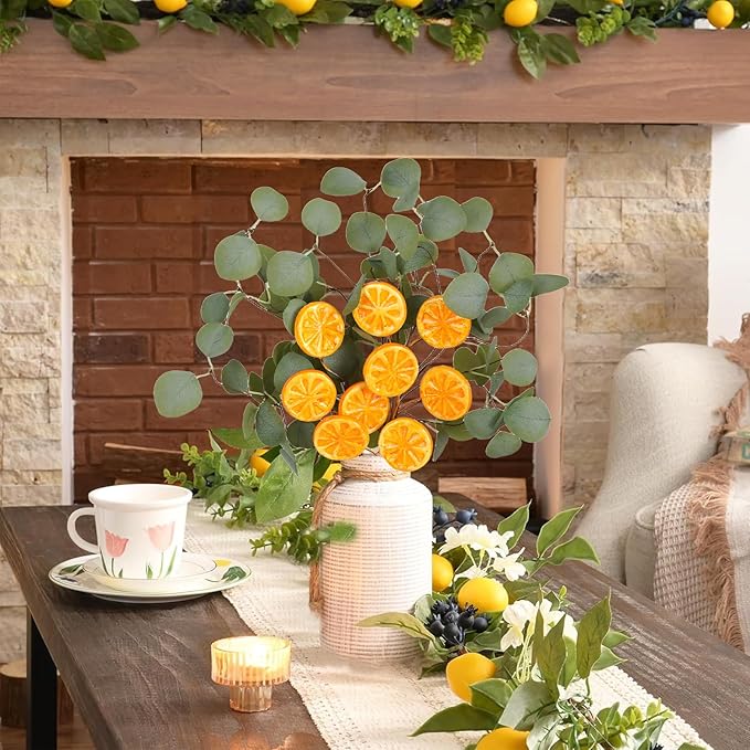 Eucalyptus Stems, 4PCS Artificial Lemon Stems Faux Citrus Branches Plastic Decor for Kitchen, Table Centerpieces, Entryway, Thanksgiving Wedding Party (Green)