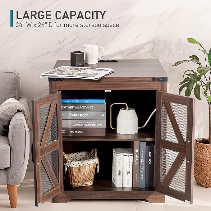 Farmhouse End Table Set of 2, 24" Large Sofa Side Table with Charging Station, Mesh Barn Door, Rustic Wood Nightstand with Adjustable Storage Shelf, Square Nightstand for Living Room