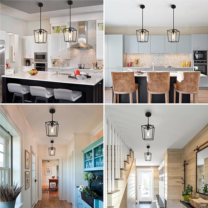 2 Pack 1-Light Black Pendant Lights for Kitchen Island, Farmhouse Metal Pendant Light Iron Cage Hanging Light Fixtures with Clear Glass Shade for Dining Room, Entryway, Hallway, Foyer