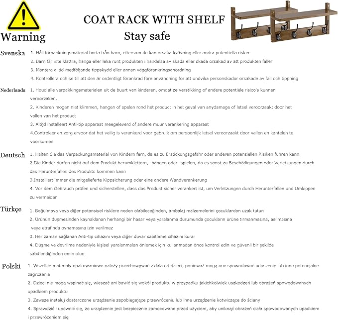 Coat Rack with Shelf Wall Mount, Entryway Bamboo Hanging Shelf, Set of 2, Wall Hook Rail for Hallway Décor, Storage Clothe, Hat, Robe, Key, Dog Leash (White+Black)