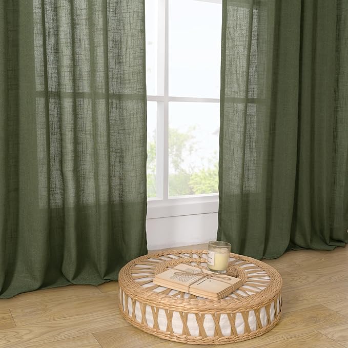LAMIT Short Linen Curtains 36 Inch Length 2 Panels, Light Filtering Window Curtains Farmhouse Soft Bronze Grommet Panels for Bathroom/Small Windows/Cafe, Olive Green, 34 x 36 Inch