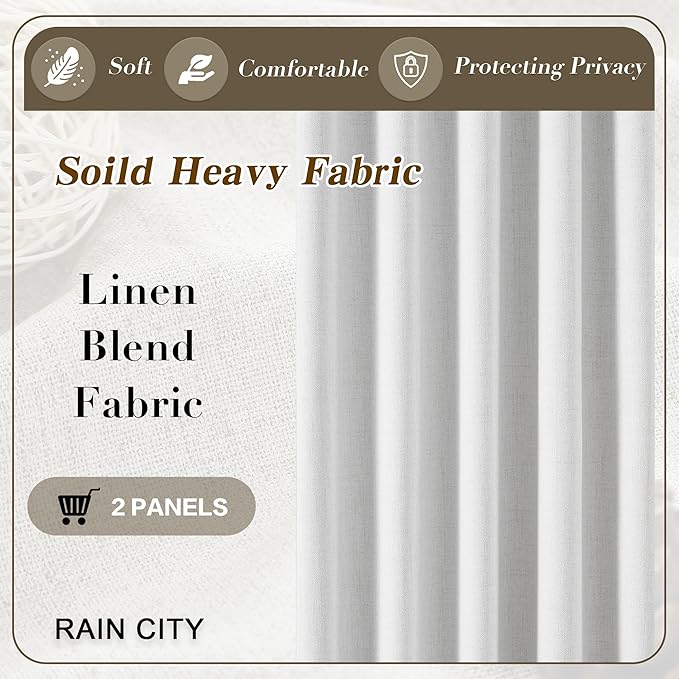 RAIN CITY Snow White Linen Blackout Curtains 90 Inch Long for Living Room,Pinch Pleated Drape with Hooks Back Tab Modern Boho Decor, Black Out Curtains for Bedroom 50 Wide