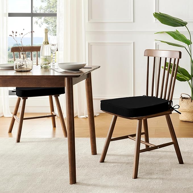 downluxe Chair Cushions for Dining Chairs, Waterproof Kitchen Chair Pads, Non-Slip Dining Seat Cushion with Ties, 17" x 16" x 2.5", Black, 6 Pack