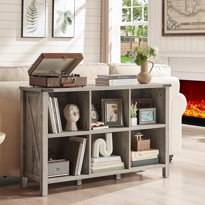 Farmhouse 6 Cube Bookshelf, Rustic Grey Oak Wooden Storage Organizer Book Shelf, 47 Inch Cubby Hallway Bookcase, Kids Toy Storage Cabinet, Modern Open Book Case for Living Room, Hallway