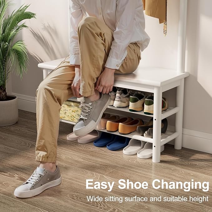 Coat Rack with Shoe Storage, Wooden Hall Tree with Bench, 11 Hooks and 2-Tier Storage Shelves, 3-in-1, Entryway Bench with Coat Rack (31.5"-White)