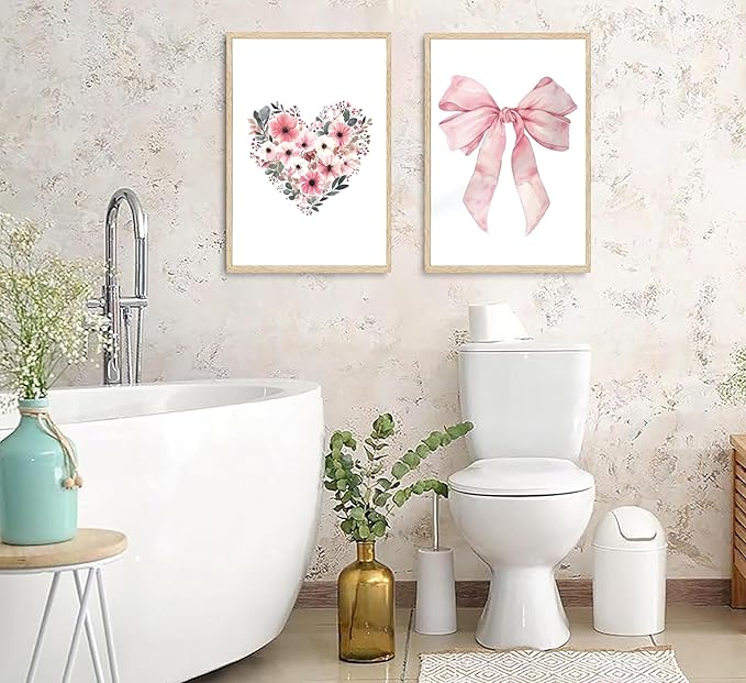 3Pcs Cute Bunny Canvas Wall Art Pink Bow Easter Poster Prints Love Wildflowers Picture Decoration for Nursery Girl Bedroom Children's Room Easter Gifts for Kids Unframed