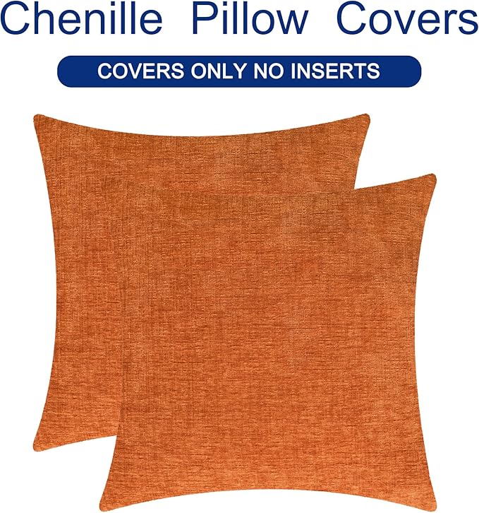 CaliTime Fall Throw Pillow Covers Decorative 16 X 16 Inches Pack of 2 Cozy Chenille Cushion Cases for Couch Sofa Bed Living Room Home Burnt Orange