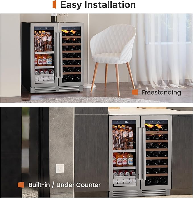 Ca'Lefort 30 Inch Wine and Beverage Refrigerator, 80 Can and 33 Bottle French Door Wine Refrigerator 36-72°F, 3 LED Wine Fridges with Glass Door, Built-in or Freestanding for Home/Kitchen (6.00 cu.ft)