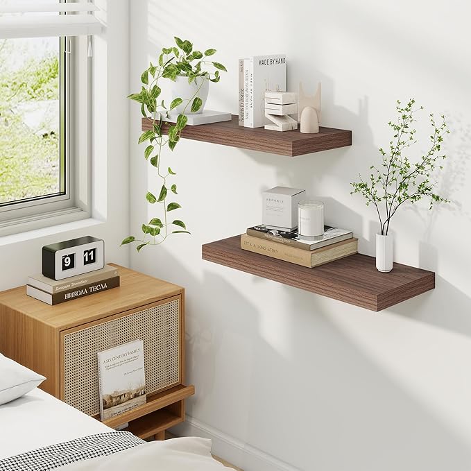 Fun Memories 24 Inch Floating Shelves for Wall, 9 Inch Deep Walnut Rustic Wood Wall Mounted Shelves for Bathroom, Kitchen, Living Room, Set of 2