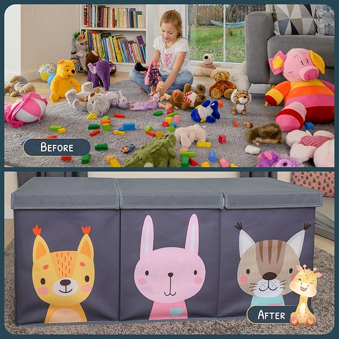 Extra Large Toy Storage Organizer with Lid - Sturdy, Collapsible Toy Chest Storage Box with Cute Design - Toys Bin with Dividers for Kids, Boys, Girls, Nursery, Bedroom, Play room 37"x16"x14"