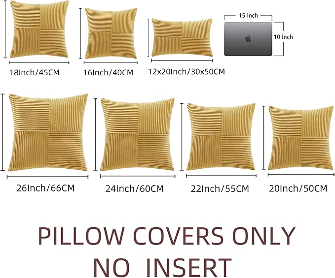 Fancy Homi 2 Packs Mustard Yellow Decorative Throw Pillow Covers 20x20 Inch for Living Room Couch Bed Sofa, Farmhouse Boho Home Decor, Soft Corss Corduroy Patchwork Accent Square Cushion Case 50x50 cm