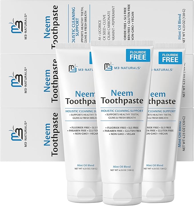 Fluoride-Free Neem Toothpaste with Mint for Adults & Kids with Sensitivity | Vegan, Gluten & SLS Free Herbal Formula for Sensitive Teeth, Healthy Gums and Fresh Breath, 4.23 oz (120g) Pack of 3 by M3