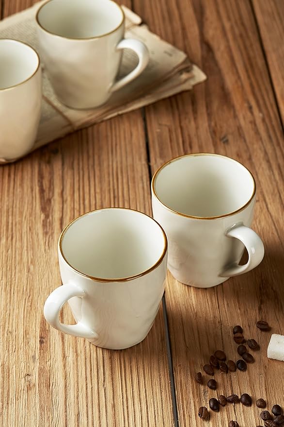 famiware Coffee Mugs Set of 4, Ocean Round 11.5oz Coffee Cup Set with Handle for Cocoa, Milk, Hot Chocolate, Tea or Water, Stoneware Cups for Kitchen, Microwave Dishwasher Safe, Vanilla White