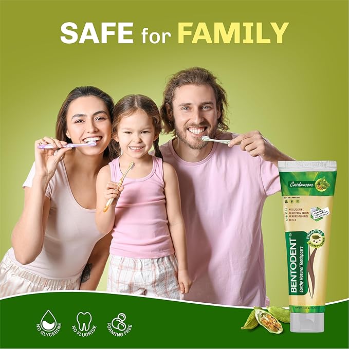 BENTODENT Fluoride Free Remineralizing Calcium Bentonite Clay Toothpaste - Cardamom Flavor Natural Toothpaste, Mint-Free, 3.52 oz - Ideal for Sensitive Teeth & Whitening with Toothbrush