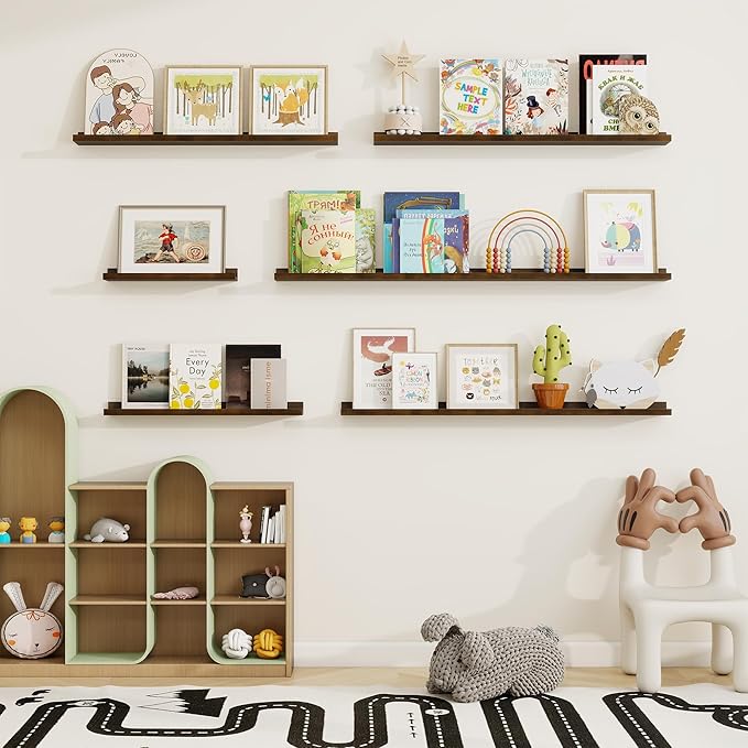 Picture Ledge Shelf, Solid Pine Wood Floating Shelves Set of 4, 16 Inches Nursery Book Shelves for Toys Storage, Kids Bookshelf Wall Mounted for Living Room Decor Photo Frames, Walnut