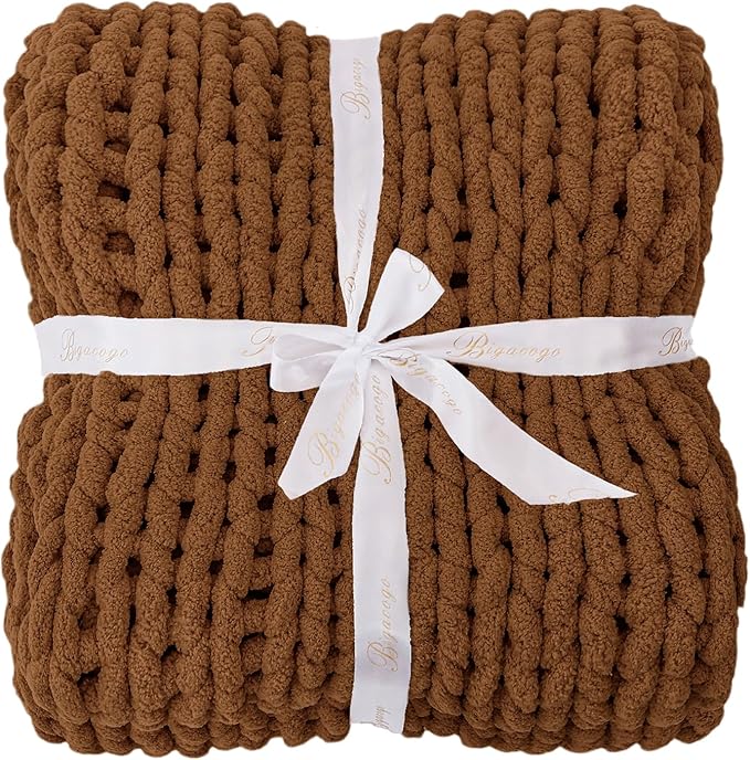 Bigacogo Chunky Knit Throw Blanket for Couch, 40x60 inches, 100% Hand Knitted with Thick Jumbo Chenille Yarn, Cozy Soft Large Rope Knot Cable Crochet Blankets for Sofa Bed Living Room, Caramel