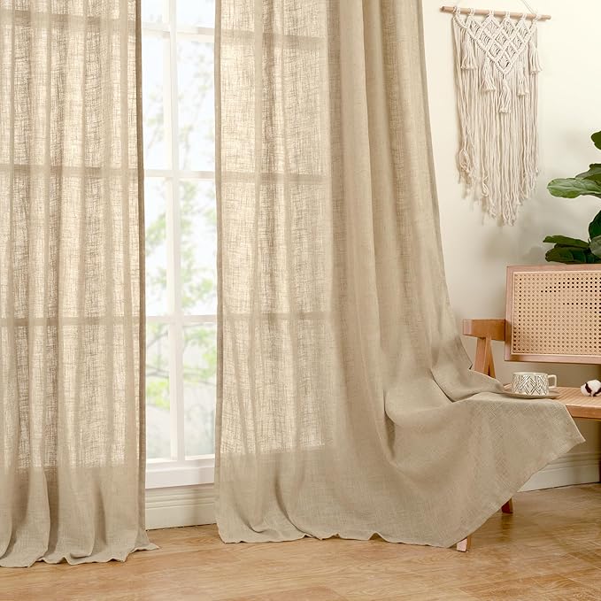 LAMIT Linen Curtains 63 inch Length for Living Room, Linen Light Filtering Boho Semi Sheer Window Textured Burlap Drapes with Bronze Grommet for Bedroom, 2 Panels Set, 60 x 63 Inch, Brown