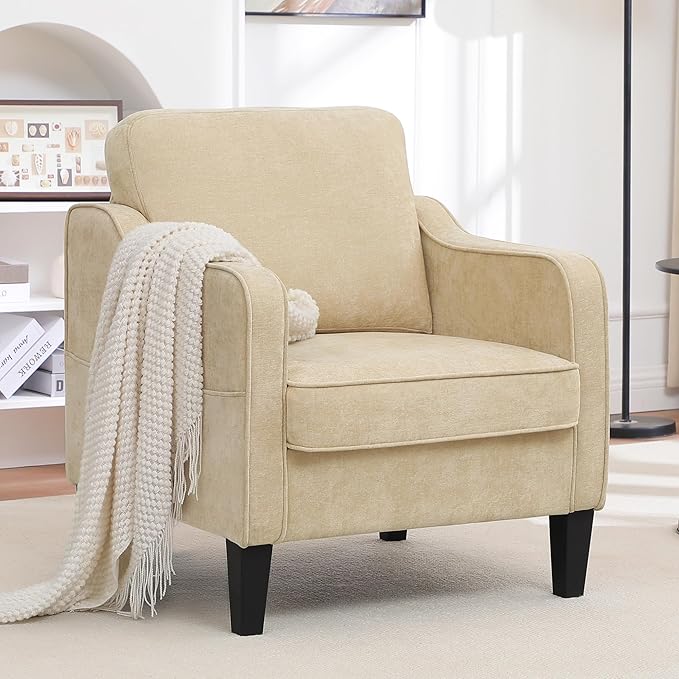 Accent Chairs Set of 2, Upholstered Living Room Chair with Side Pockets, Mid Century Modern Reading Chair for Bedroom, Comfy Armchair Single Sofa Side Chair for Office, Small Room, Light Brown