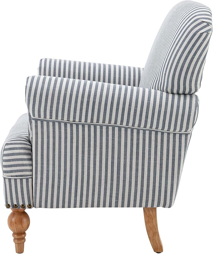 chairus Linen Accent Chair for Living Room Upholstered Mid Century Modern Single Sofa Chair with Solid Wood Legs Comfy Reading Chair Armchair for Bedroom/Office Room/Recption/Lounge, Blue Stripe