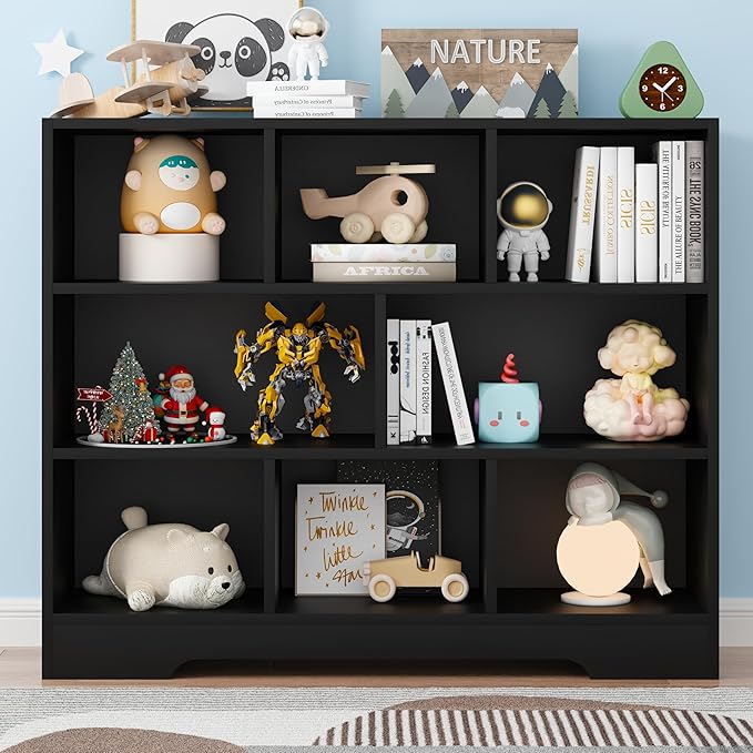 Book Shelf, 8 Cubes Storage Organizer, Freestanding Black Bookshelf Cube Shelf for Bedroom, Living Room, Home Office, 3-Tier Open Shelf Wooden Bookcase