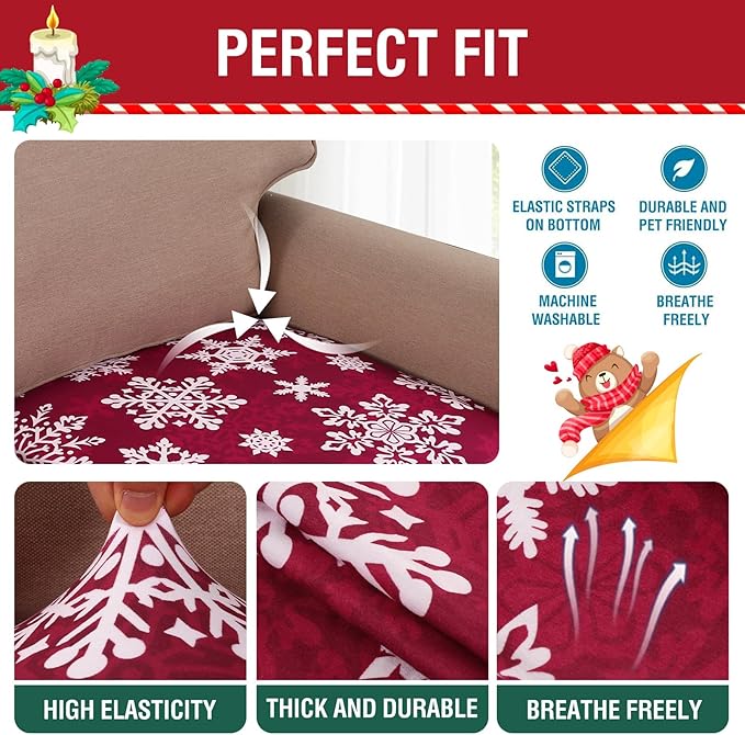 H.VERSAILTEX Christmas Sofa Slipcover Fleece Stretch Couch Cushion Cover Furniture Protector Seat Cushion Snowflakes Sofa Cover for Christmas (1 Piece Armchair Cushion Covers, Snowflakes)