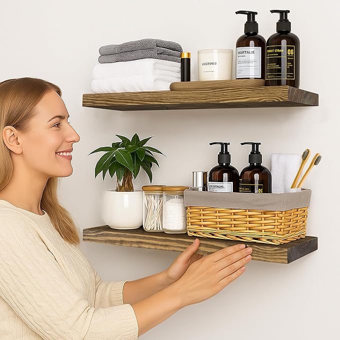 BGMG 30 inch Walnut Floating Shelves for Wall Set of 2,High End Solid Real Wood 30 in Floating Shelf,Rustic Wooden Wall Mount Shelves,Heavy Duty Bracket,30x6.7x1.25 inch