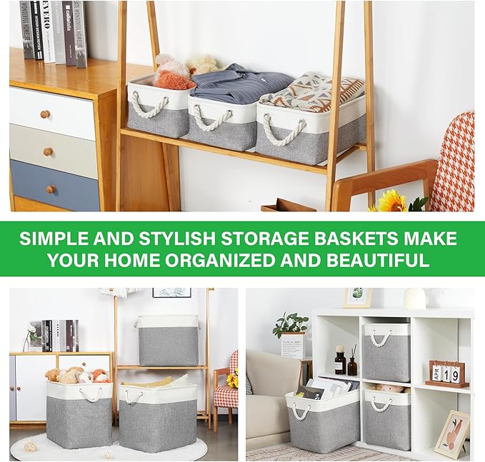 Bidtakay Small Baskets Fabric Storage Baskets for Organizing 3-Pack 12x8x5 Inch Collapsible Storage Bins for Shelves Canvas Bins for Closet Organization Home Baskets Storage Linen Closet S-White&Grey