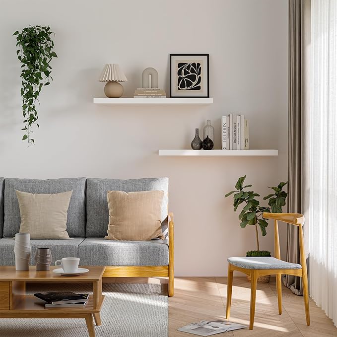 Floating Wood Shelves for Wall 36 Inches x 8”x 1.4” Shelf Floating Home Decor, Heavy Duty Shelf Hold 80 lbs, Wall Shelves for Bathroom Living Room Kitchen Bedroom Office - Set of 2 White