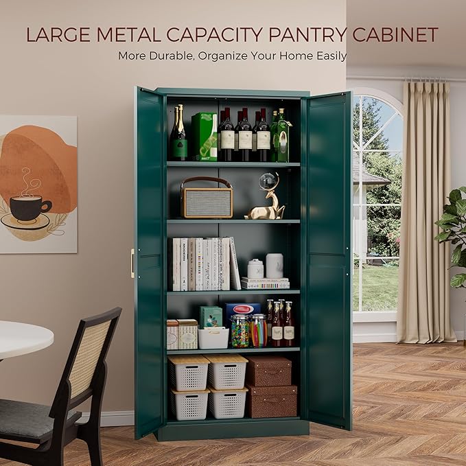 71" Metal Pantry Cabinet, Tall Kitchen Pantry Storage Cabinet with 4 Adjustable Shelves and Gold Handles, Green Cupboard for Kitchen, Dining Room, Living Room