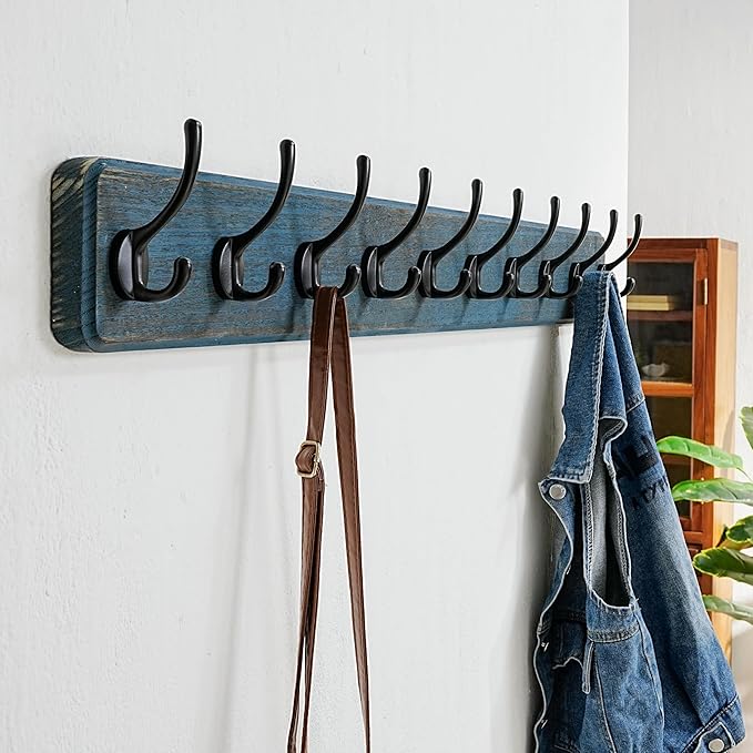Dseap Coat Rack Wall: 38-1/4" Long, Patented, Heavy-Duty, 10-Double-Hooks Wooden Wall Mounted Coat Rack Coat Hanger Hook Rail for Winter Coats Hat Jacket Clothing, Weathered Blue