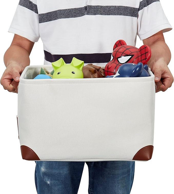 DECOMOMO White Storage Bins Fabric Storage Baskets for Shelves & Linen Closet Organization (Creamy White W/Label holder, Large - 3 Pack)