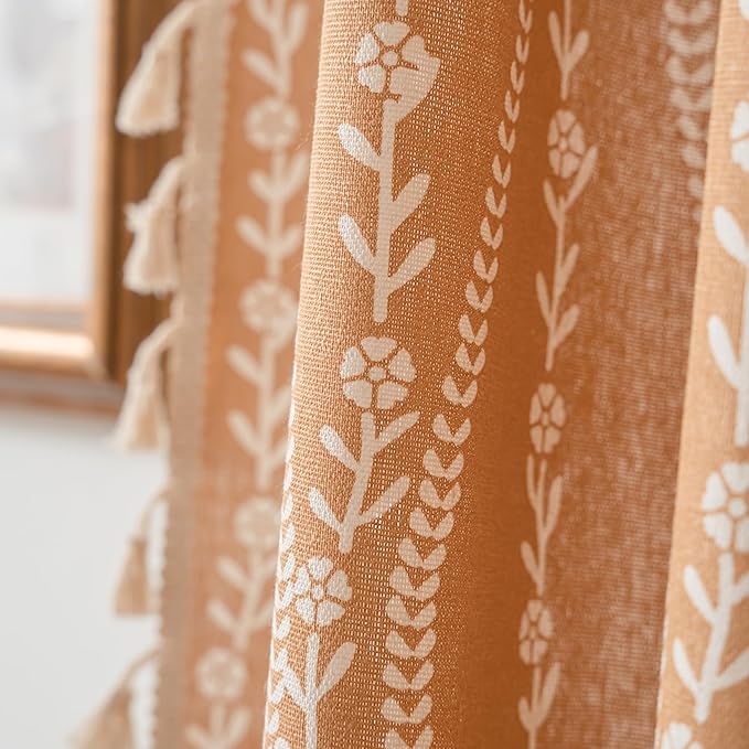 Sutuo Home Boho Curtains for Bedroom Dining Room 96 Inches Long, Printed Cotton Linen Rod Pocket Vintage Farmhouse Bohemian Tassels Window Treatment, 1 Panel 59" W x 96" L, Terracotta Stripe Florals