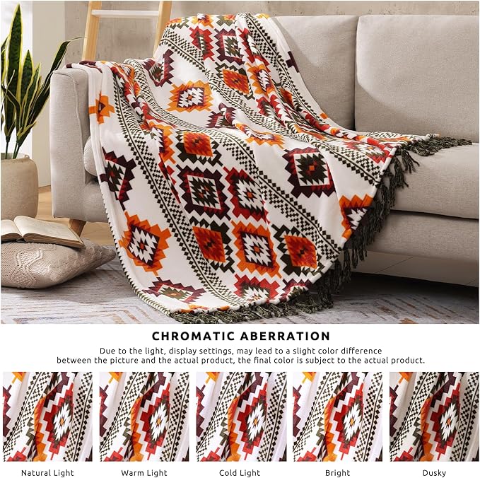 CASAAGUSTO Boho Throw Blanket - Orange and Green Decorative Blankets with Tassel, Printed Flannel Bohemian Blanket for Chair, Bed, Sofa, Couch(50 * 60, Orange and Green)