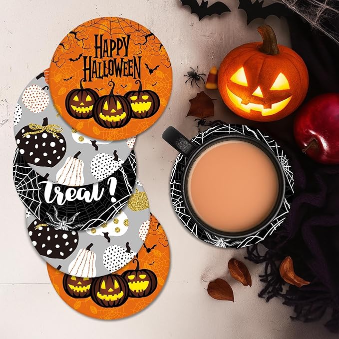 Coaster for Drinks Set of 6, Happy Halloween Trick or Treat Pumpkin Absorbent Round Ceramic Stone Mat, with Cork Base and Metal Holder, Gift for Housewarming Room Bar Decor