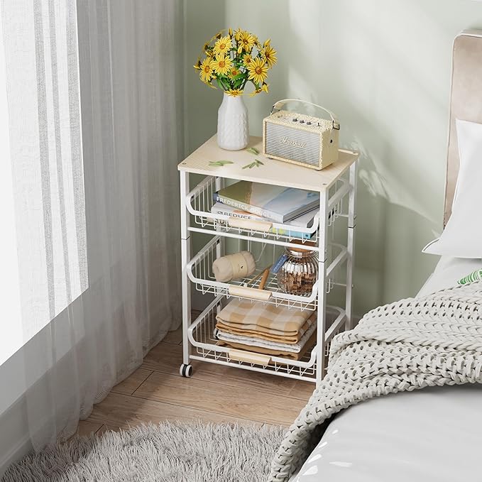 4-Layer Fruit Basket Kitchen Food Organizer and Rack, Stackable Storage Cart with Desktop, Pull-Out Hollow Metal Basket, Sliding Out Storage (Black 4-Layer Rack)