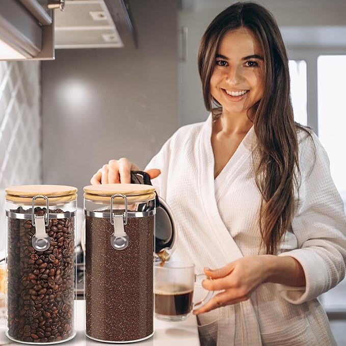 Glass Coffee Canister Coffee Containers for Ground Coffee Coffee Bean Storage Airtight Seal with Locking Clamp, Coffee Bar Accessories Perfect for Kitchen Storage