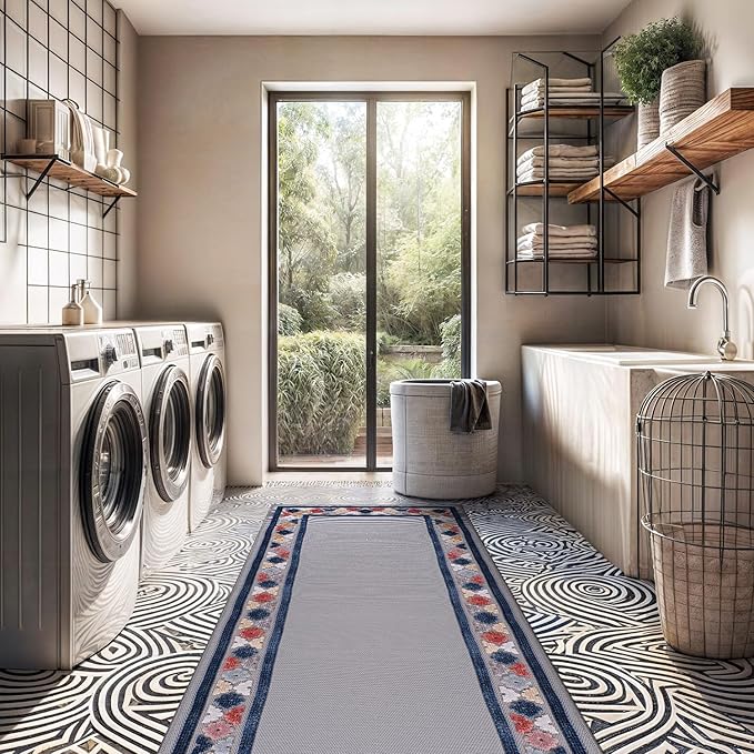 Beverly Rug Outdoor Runner Rug 2x7 Modern Floral Bordered Area Rugs for Indoor and Outdoor Patio Easy to Clean Non Shedding Living Room Porch Garden Washable Outside Carpet (2 x 7 Gray)