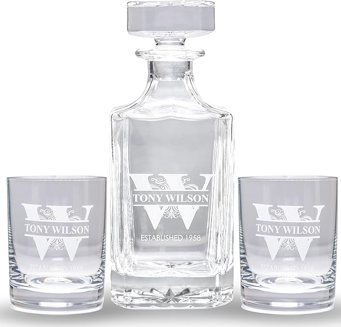Gifts Inscribed Personalized Whiskey Decanter Set - Engraved Whiskey Decanter Bottle & Set of 4 Custom Drinking Glasses Laser Etched - Customized Whisky Gift for Wedding, Birthday, Fathers Day