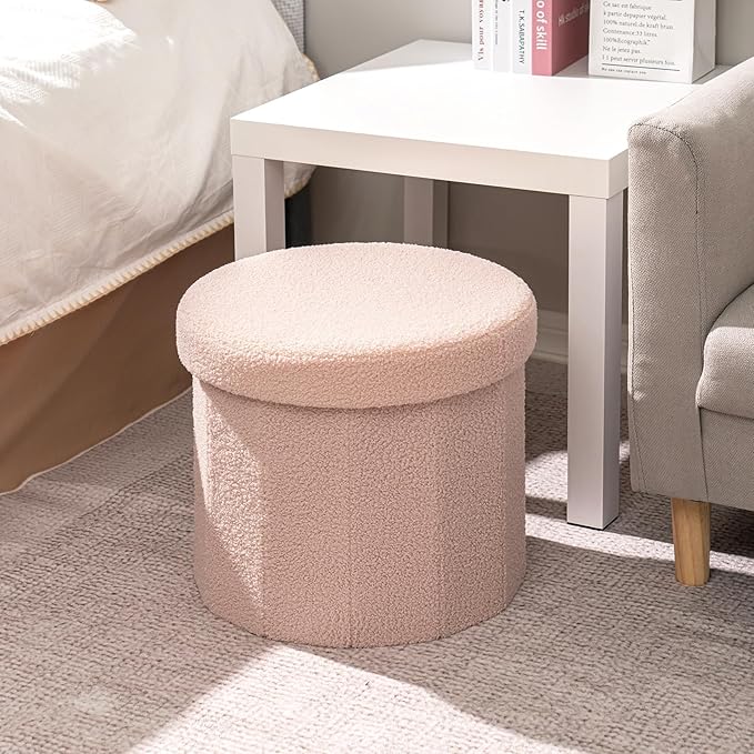 B FSOBEIIALEO Storage Ottoman Cube, Round Ottomans with Storage Foot Stool Footrest for Lving Room, Boucle Ottoman Seat for Dorm Room,Faux Teddy Fur, Pink 15"x15"x15"