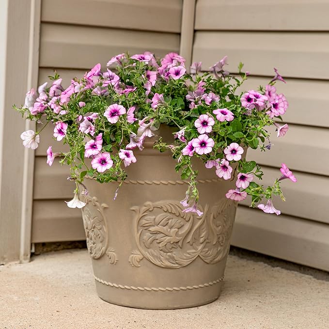 Sunnydaze 19.5-Inch Arabella Large Plant Pot - Polyresin Round Outdoor Planter with Drillable Drainage Holes - Beige