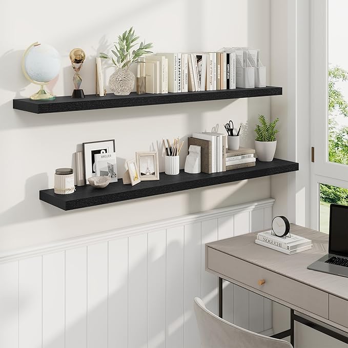 Fun Memories 55 Inch Fireplace Mantel Shelf -Long Floating Shelves, Deep Wall Mounted Farmhouse Display Shelves with Invisible Heavy Duty Metal Bracket, Black, 2 Pack