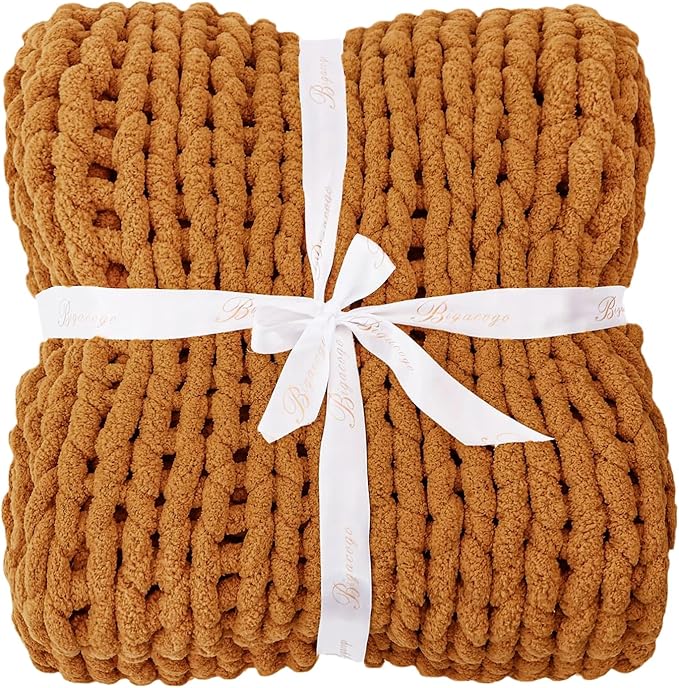 Bigacogo Chunky Knit Throw Blanket for Couch, 40x80 inches, 100% Hand Knitted with Thick Jumbo Chenille Yarn, Cozy Soft Large Rope Knot Cable Crochet Blankets for Sofa Bed Living Room, Burnt Orange